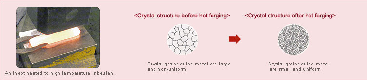 Diagram of crystal structure before hot forging and diagram of crystal structure after hot forging