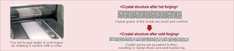 Diagram of crystal structure after hot forging and diagram of crystal structure after cold forging